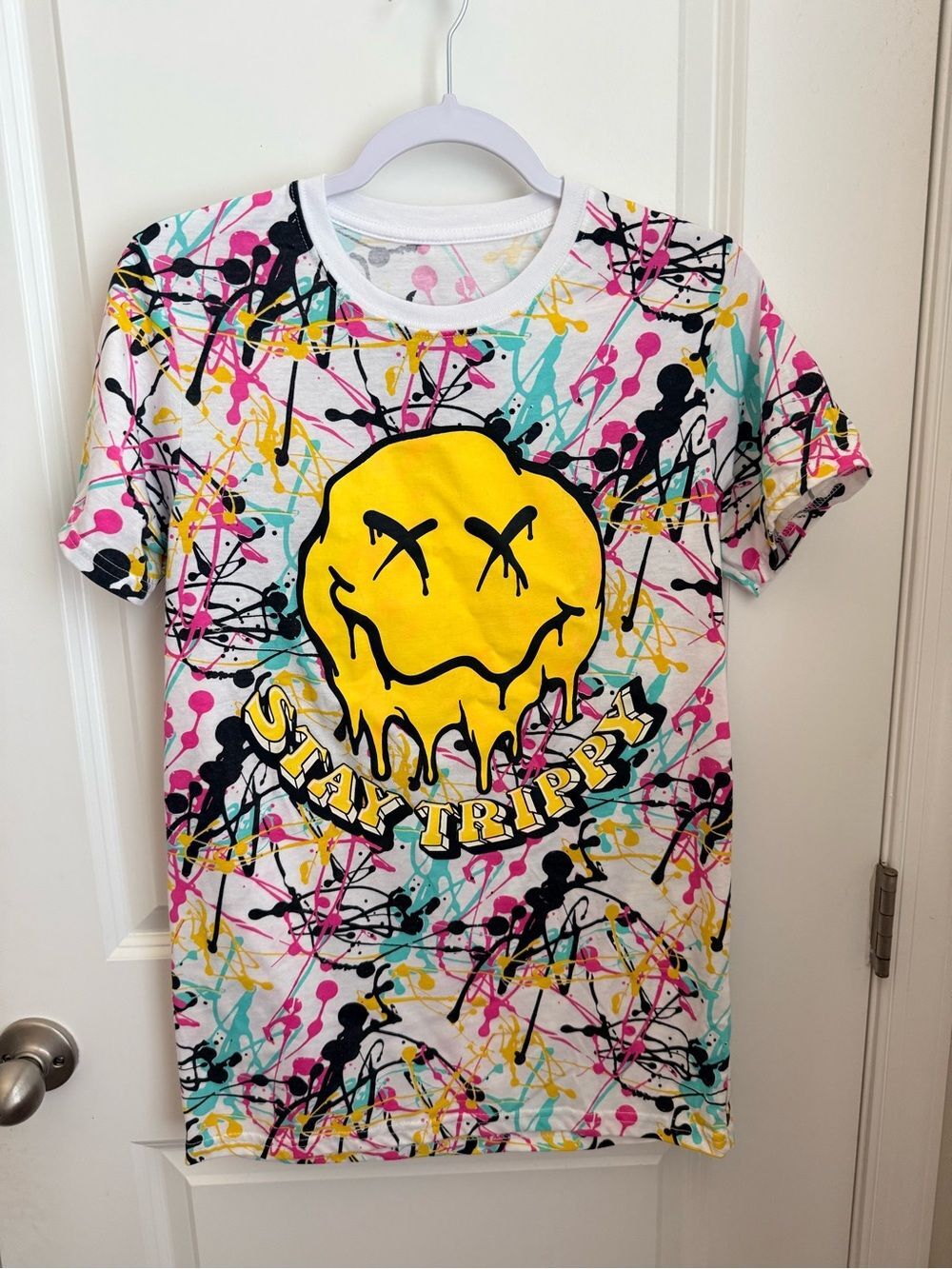 Vibe White Tee with Yellow Drip Smiley & Multicolor Paint Splatter